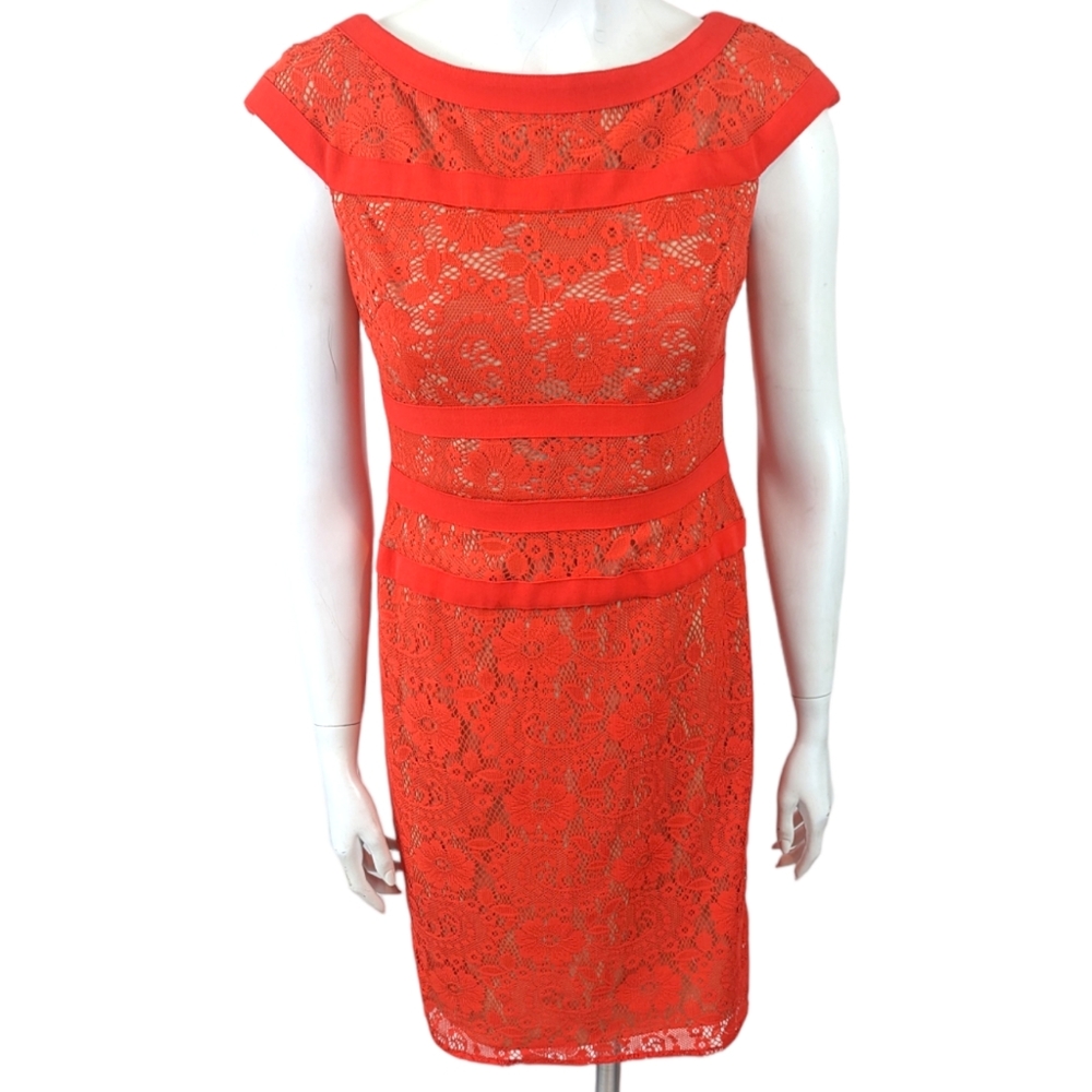 Adrianna Papell Lace Cocktail Party Dress Sheath Womens 6 Red Orange